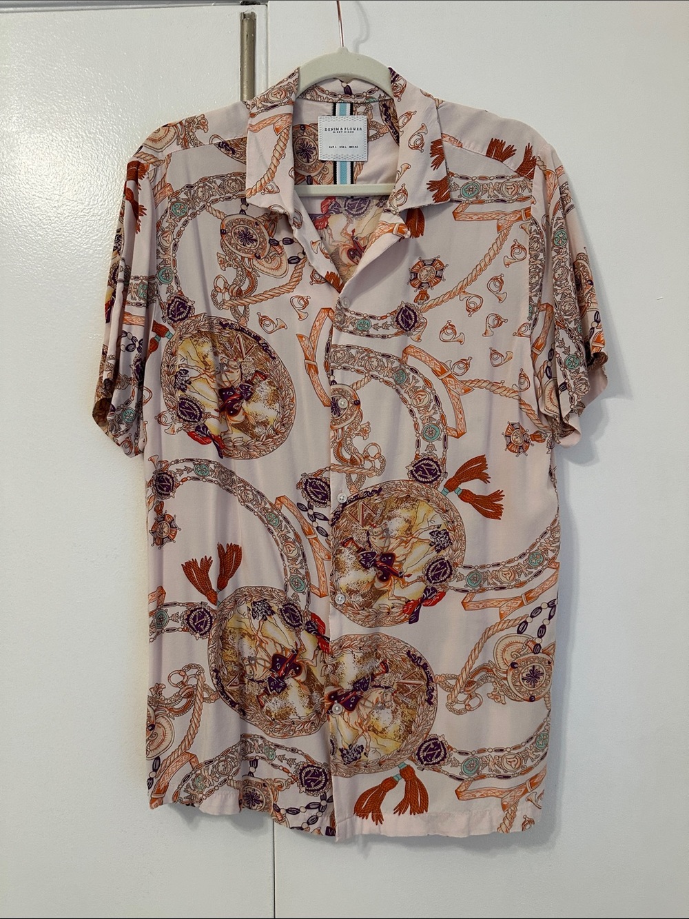 Denim&Flower Men Cream Short Sleeve Button-Up Shirt with Brown & Orange Pattern